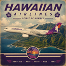 A retro-style travel poster for Hawaiian Airlines, featuring a white passenger airplane flying over a tropical Hawaiian coastline with green mountains and blue ocean. Large purple text at the top reads 'HAWAIIAN AIRLINES' with floral accents, and the bottom includes destinations Honolulu, Maui, Kauai, Hilo, and Kona.