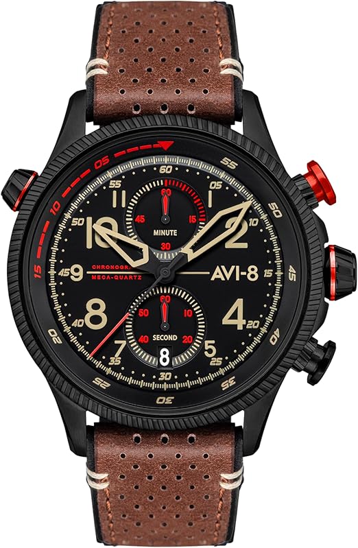 AVI-8 Mens 43mm Hawker Hunter Duke Chronograph Japanese Meca-Quartz Pilot Watch with Leather Strap AV-4080