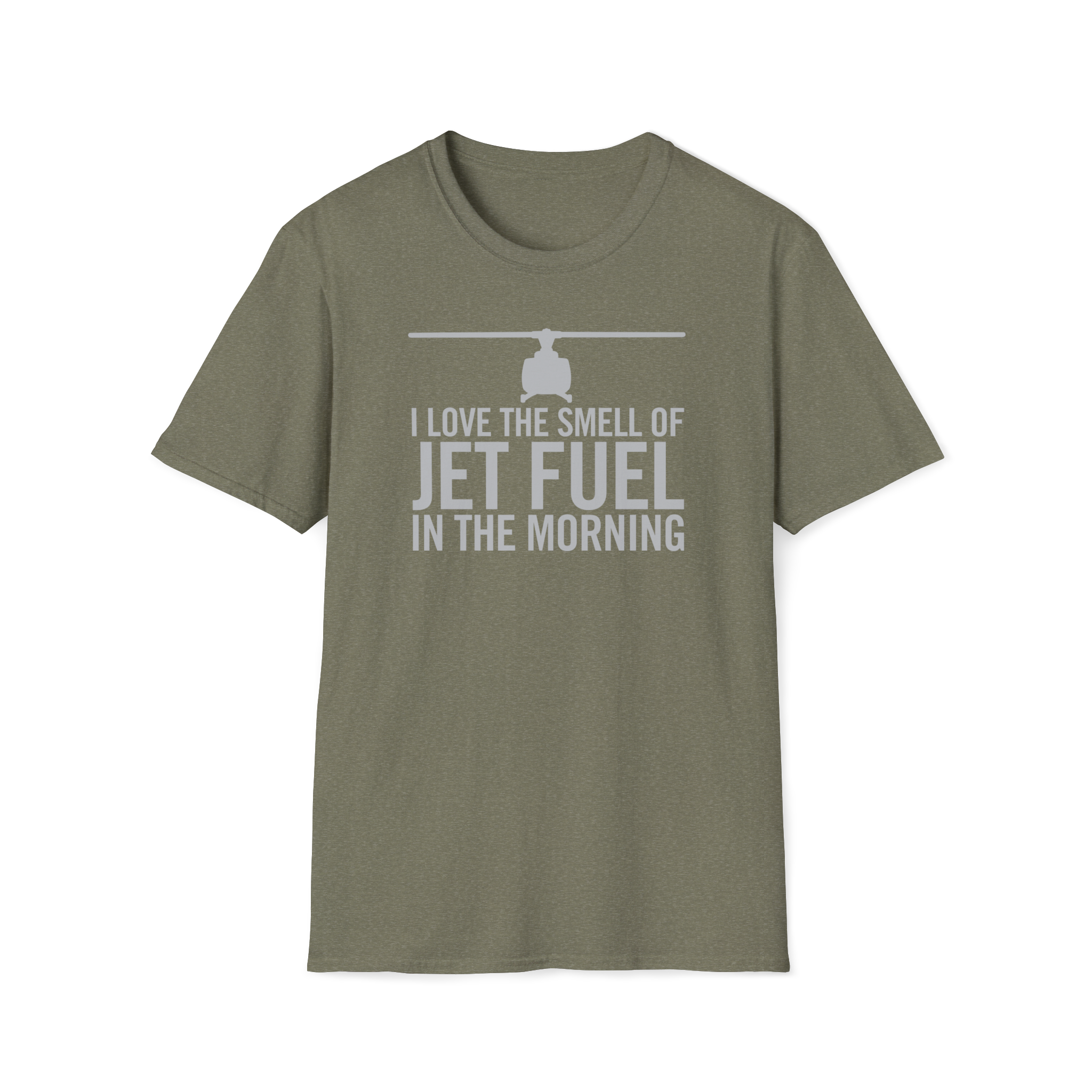 Military green Huey UH-1 t-shirt with text and helicopter graphic on a white background