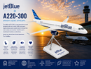 Model of a jetBlue airplane on a stand with sunset and airport background