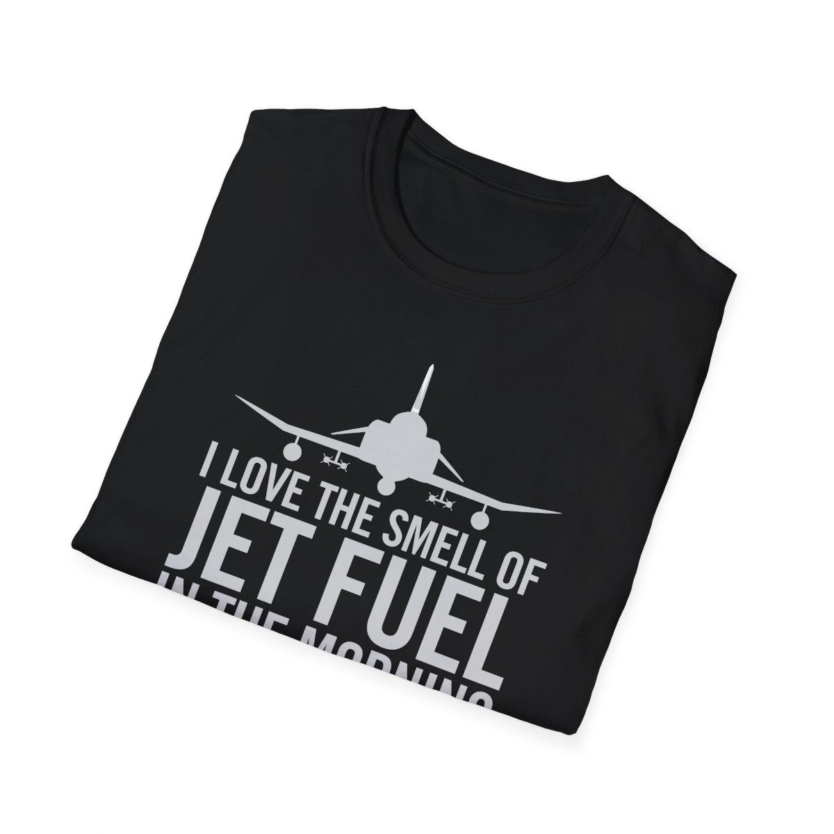 "Black Jet Fuel T-Shirt Folded - Premium Cotton Aviation Apparel"