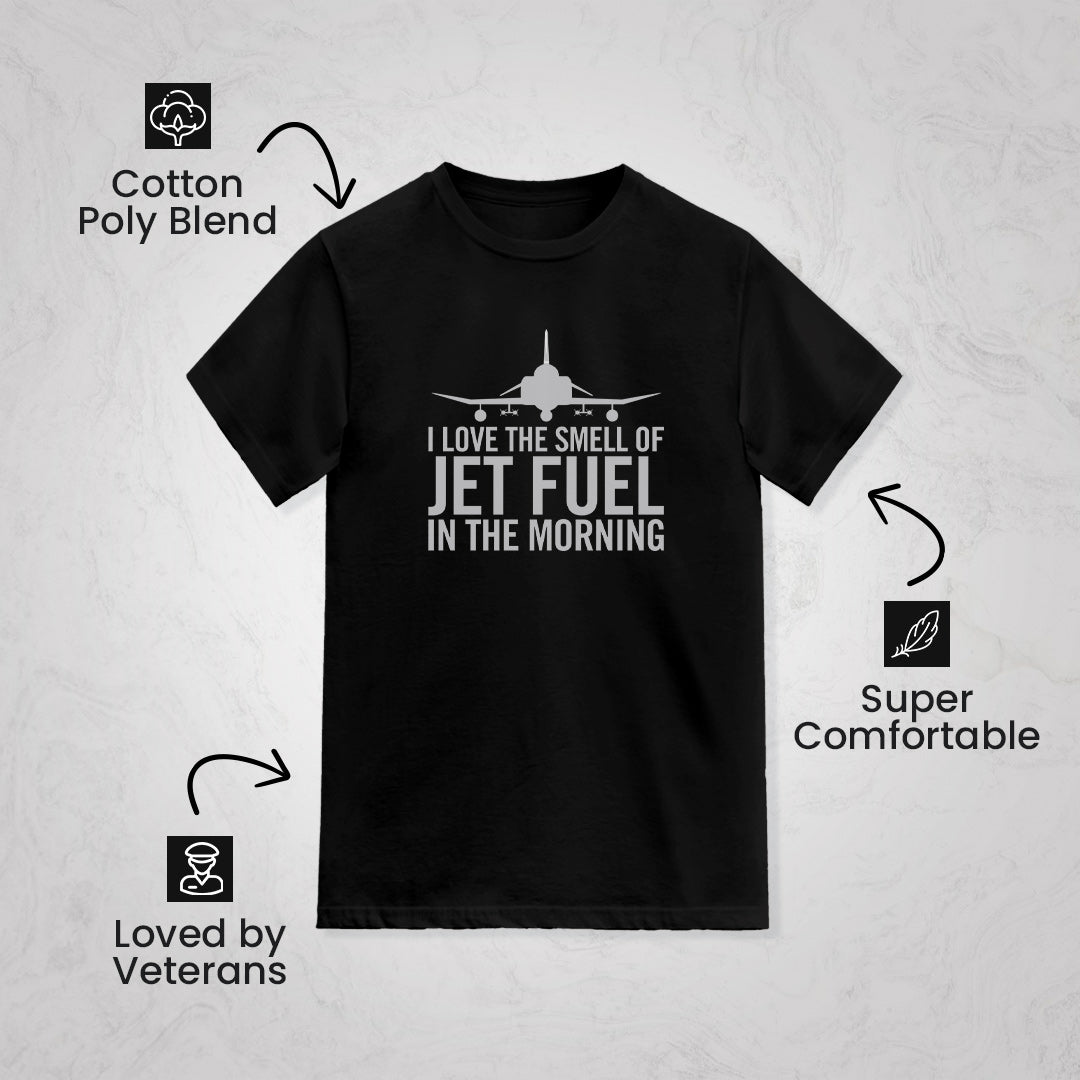 "Black Aviation T-Shirt for Veterans - Jet Fuel in the Morning Design"