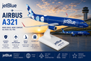 Model of a JetBlue Airbus A321 airplane with sunset and airport background