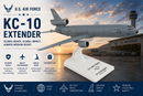 Model of a U.S. Air Force KC-10 Extender airplane with promotional text and branding.