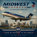 Vintage-style travel poster for Midwest Express featuring a blue and white passenger airplane flying over a Milwaukee city skyline, with large text reading 'MIDWEST EXPRESS' and 'FROM MILWAUKEE TO THE WORLD'.