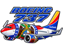 A stylized cartoon airplane on a white background with large blue text reading 'BOEING 737' above it. The aircraft is decorated with red, white, blue, brown, green, yellow, and gray graphics, including the United States flag motif and 'Southwest' text on the tail.