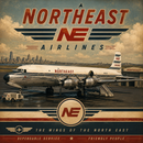 Vintage-style poster artwork for Northeast Airlines featuring a retro passenger airplane on a tarmac with a city skyline in the background. Large red and navy text reads 'NORTHEAST AIRLINES' at the top, with a circular NE logo near the bottom.