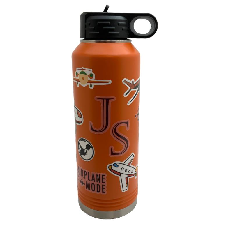 Orange Water Bottle, Matching Decorative Airplane Sticker, Kit