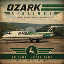 A vintage-style Ozark Airlines promotional graphic featuring a white and green passenger jet on an airport runway, with a river bridge and forested hills in the background. Large Ozark Airlines branding appears at the top, and the slogan 'On Time.