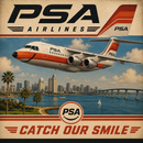 Vintage-style PSA Airlines travel poster featuring a white and orange airplane flying over a coastal city and bridge, with large PSA AIRLINES text at the top and 'CATCH OUR SMILE' at the bottom.