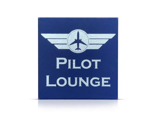 Pilot Lounge sign in blue with silver graphics
