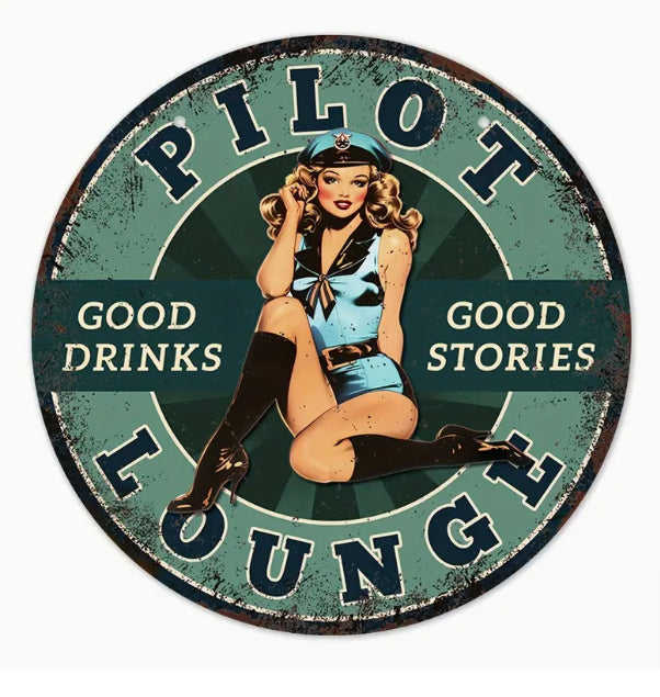 Pilot Lounge Pin Up Girl, Metal Wall Sign, 8"