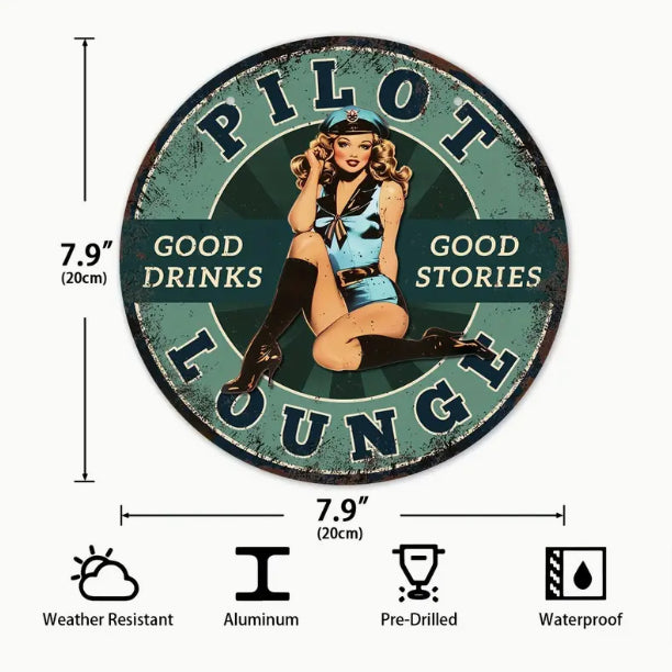 Pilot Lounge Pin Up Girl, Metal Wall Sign, 8"