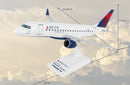 Model airplane with Delta Airlines branding against a cloudy sky background