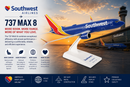 Southwest Airlines 737 MAX 8 model airplane with promotional text against a sunset airport background