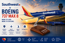 Southwest Airlines Boeing 737 MAX 8 model airplane on a stand with sunset background