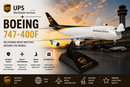 Model of a UPS Boeing 747-400F airplane with sunset background