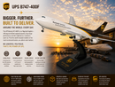 Model of a UPS airplane with sunset background and promotional text.