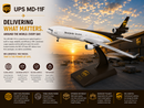 Model of a UPS airplane with sunset background and text about UPS MD-11F capabilities.