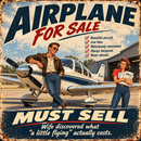 Vintage-style distressed metal sign advertising an airplane for sale, featuring a small blue and white propeller plane, a man in a leather jacket leaning on the nose, and a woman holding a clipboard. Large text reads “AIRPLANE FOR SALE” and “MUST SELL,” with additional promotional copy and checkmarks on a weathered cream background.