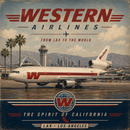Vintage-style poster artwork for Western Airlines featuring a white McDonnell Douglas MD-11 aircraft on a runway with Los Angeles hills and palm trees in the background. Large red and navy text reads 'WESTERN AIRLINES' and 'FROM LAX TO THE WORLD,' with additional text 'THE SPIRIT OF CALIFORNIA' and 'LAX • LOS ANGELES' at the bottom.