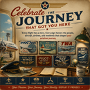 Vintage-style aviation-themed poster with the headline 'Celebrate the Journey That Got You Here,' retro airline signs, an airplane window view, a lamp, an open book, a hat, and a mug on a desk. The bottom shows rows of icons and text including airlines and aviation categories.