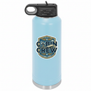 Cabin Crew Global Wings Est. 1945 flight attendant sticker on a light blue water bottle on a white background