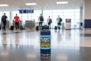 Flight Attendant AKA Fight Club Referee sticker on a navy blue water bottle at a busy airline boarding gate with passengers in the background