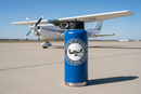 Student Pilot We Occasionally Choose The Wrong Rudder sticker on a royal blue water bottle on the airport ramp with a Cessna 172 in the background