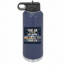 Your Job as a First Officer sticker applied to a navy blue pilot water bottle on a white background