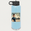 Regional Airline Vintage Flight Attendant sticker on a light blue water bottle on a white background