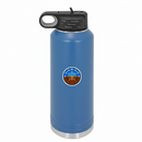 Student Pilot Attitude Indicator Stay Up Here sticker on a royal blue pilot water bottle on a white background