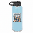 Jumpseat Therapy flight attendant sticker on a light blue water bottle on a white background