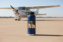 More Right Rudder CFI sticker on a navy blue water bottle on the airport ramp with a Cessna 172 in the background