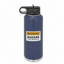 Warning Badass Flight Instructor CFI sticker applied to a navy blue pilot water bottle on a white background