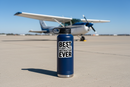 Best Flight Instructor Ever CFI sticker on a navy blue water bottle on the airport ramp with a Cessna 172 in the background
