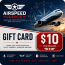 A $10 Airspeed Junkie gift card featuring a graphic of a commercial airplane against a dark blue sky with a compass design, plus a large red price box reading '$10 TEN DOLLARS'.