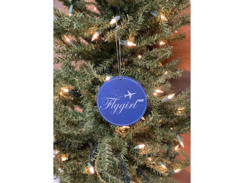 Fly Girl, Holiday Ornament, Engraved Leather,  Flight Attendant