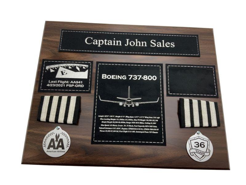 Wood pilot retirement plaque with black accents