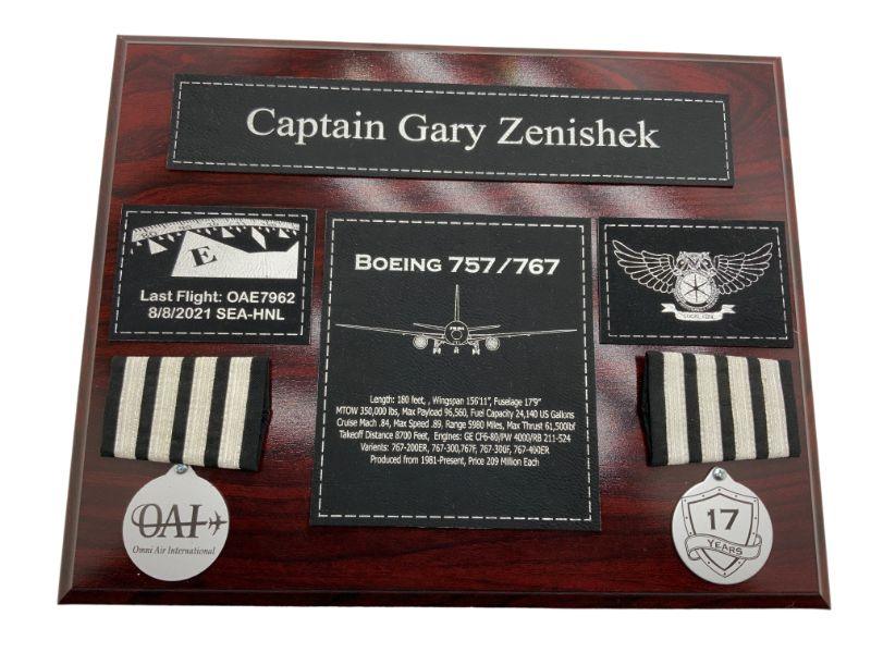 Wood pilot retirement plaque with black accents