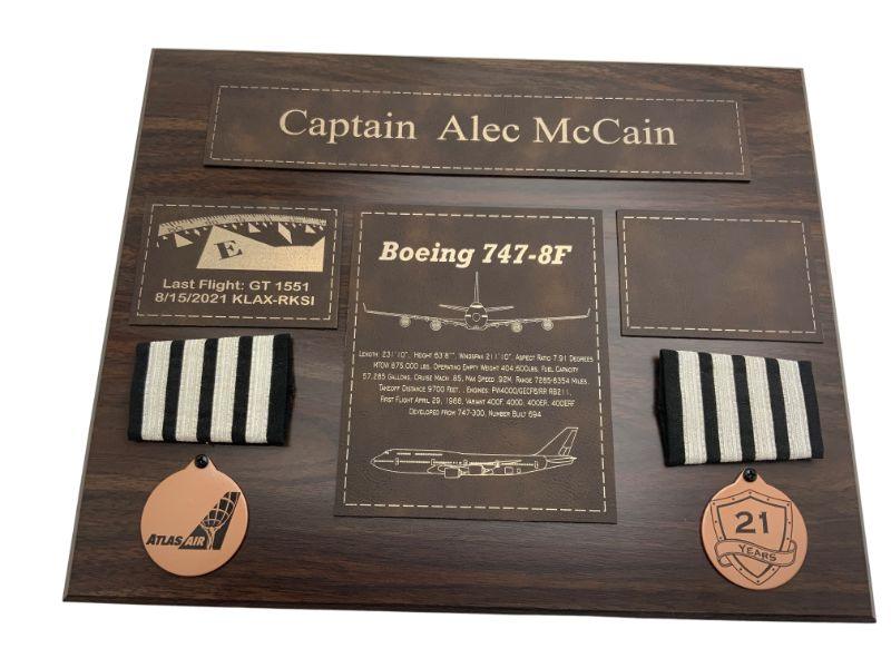 Wood pilot retirement plaque with brown accents