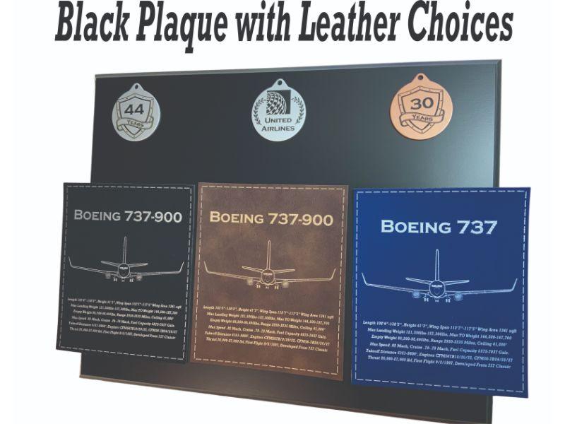 Black pilot retirement plaque with leather accents	