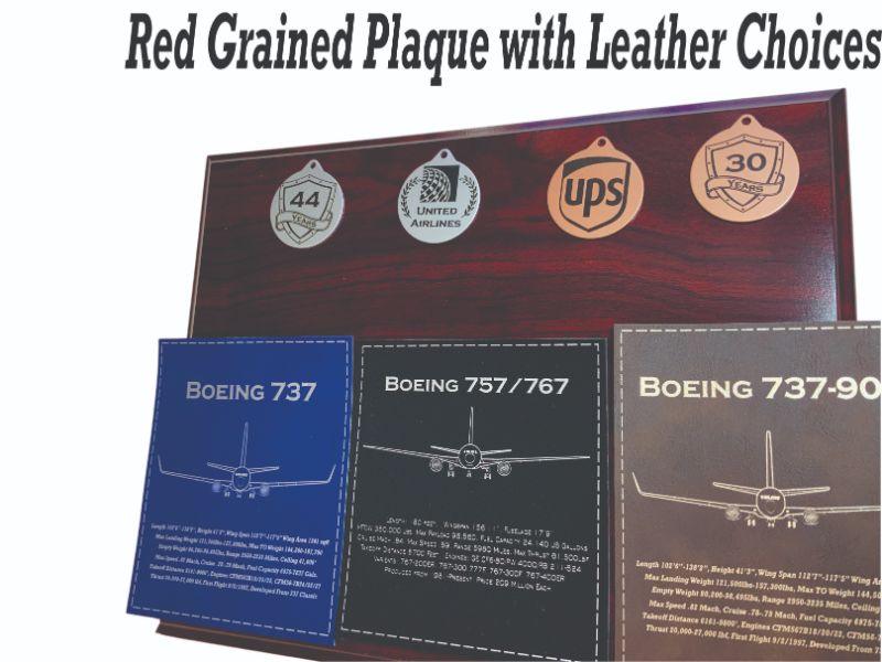 Red grained pilot retirement plaque with leather accents