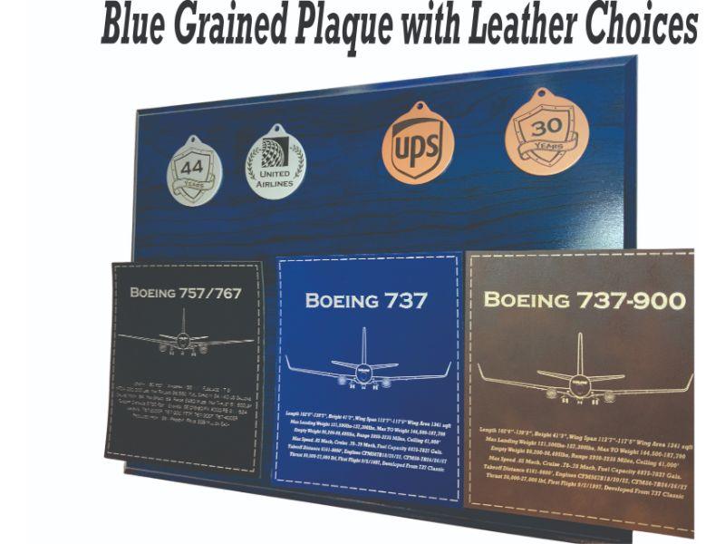 Blue grained pilot retirement plaque with leather accents