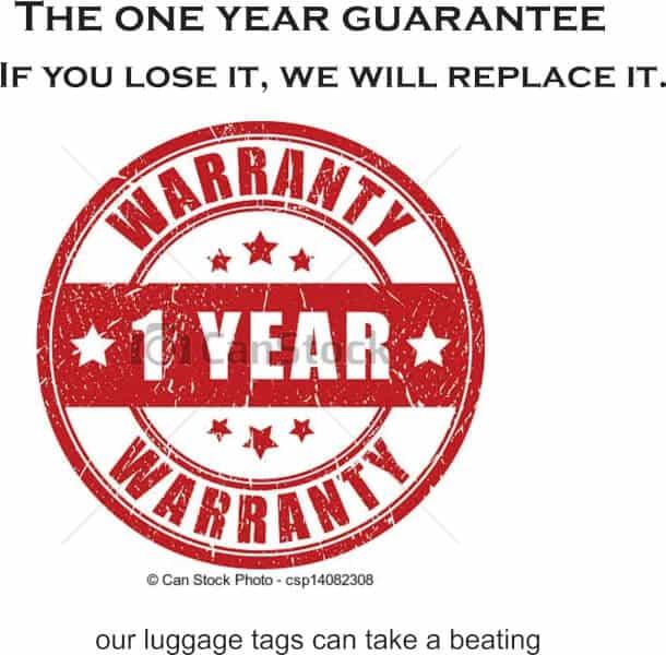 1 Year Warranty Guarantee, luggage tag, 19.99