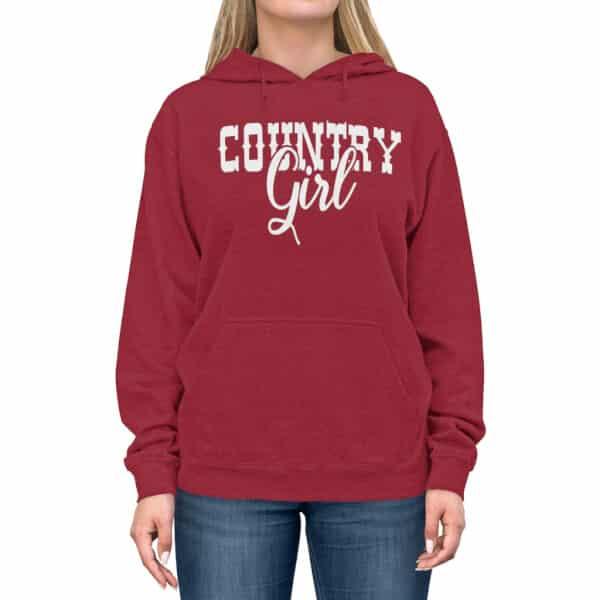 Country Girl White Hoodie Graphic on cardinal red