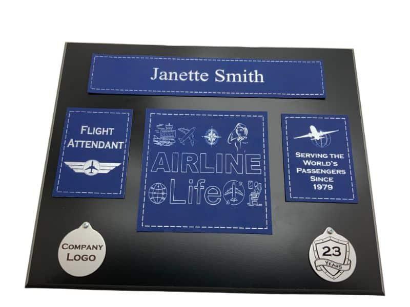black with blue leather, flight attendant, gifts
