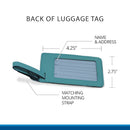 Back of Leather Luggage Tag and Dimensions, TEAL